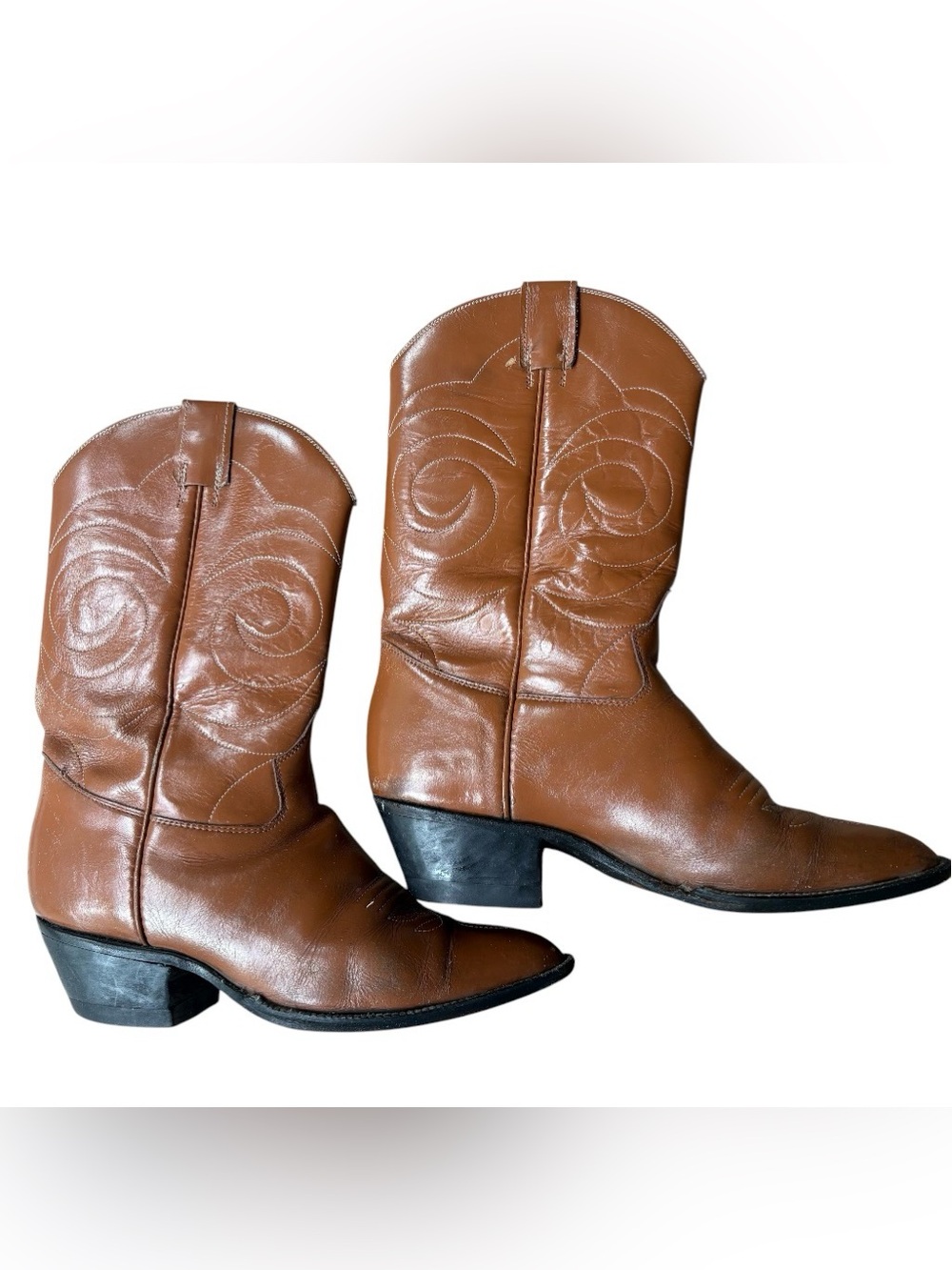 Vintage Acme Brown Leather Cowboy Boots Women's 7.5 Swirl Stitch Western